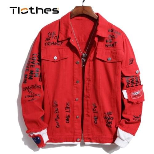 Red Denim Jacket Mens Clothing Letter Print Denim Shirt Men Cowboy Long Sleeve Jeans Shirts Jeans Jacket Streetwear Denim Coat