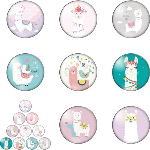 Cute Animals Alpaca Sheeps Round Photo Glass Cabochon Demo Flat Back Making Findings Handmade DIY Accessories