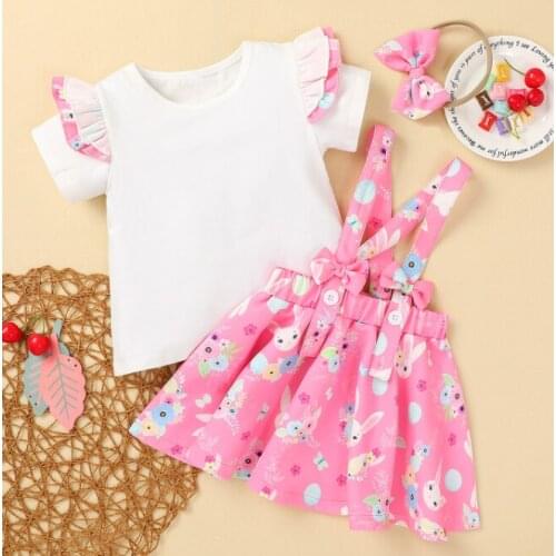 Baby childrens Girls Summer Three Piece Set Kids Fly Short Sleeves Cartoon Printed Shirt Strap Skirt Hair Rope