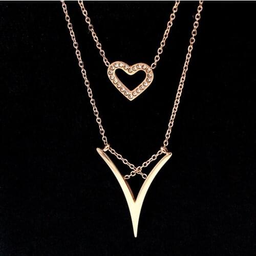Hot New Fashion Double-Layer V-Shaped Crystal Peach Heart Pendant Rose Gold Woman Necklace For Women Jewelry Wholesale