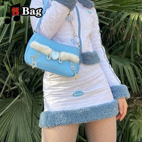 Fashion women Girl leather shoulder bag Handbag female Plush love decoration Underarm Bag ladies Axillary Pouch baguette tote