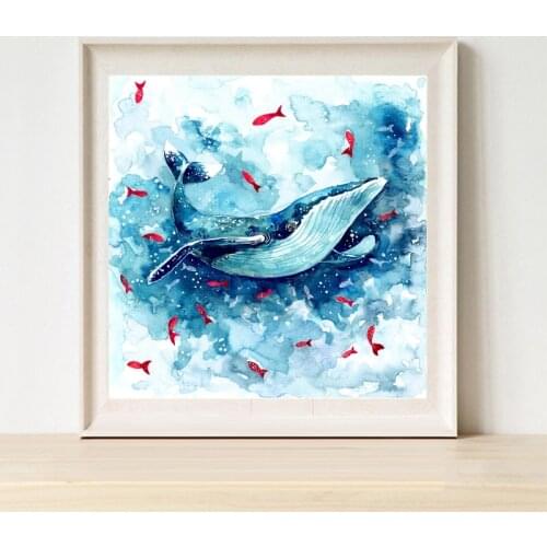 Sea Animal Whale Silhouette Canvas Art Wall Pictures For Modern Home Decor ,Watercolor Blue Whale Canvas Painting Poster