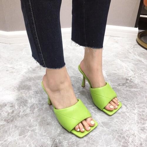 2021 New Green Summer Square Toe Women Slippers Fashion Thin Heeled Ladies Mules Elegant Female High Heels Outside Slides Shoes