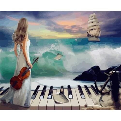Beach woman violin color by numbers Home decor diy oil painting by numbers on canvas for adult special gift for family