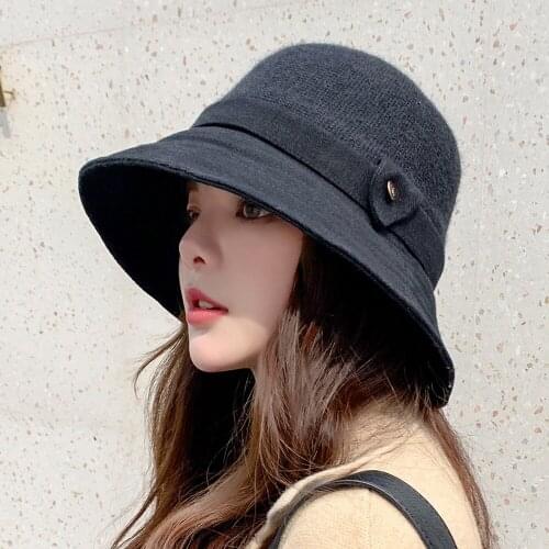 Winter and Autumn Women Bucket Hats Simple Style Woolen Button Decoration Keep Warm Outdoor Travel with Visor Female Caps