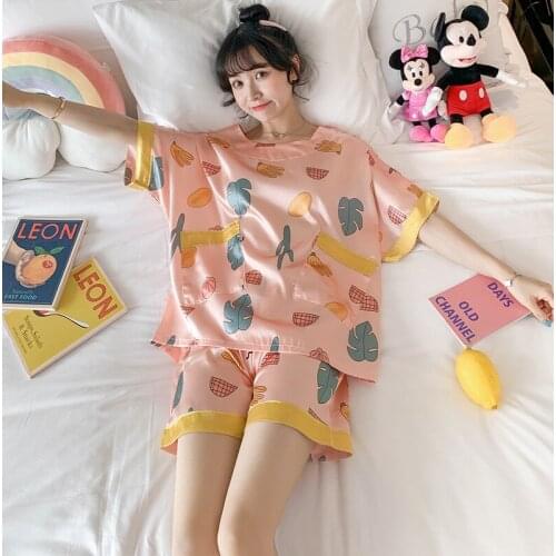 Pajamas Womens Summer Viscose Fiber Thin Sexy Cute Silk Short-Sleeved Large Pullover Two Piece Suit Womens Pajama Set