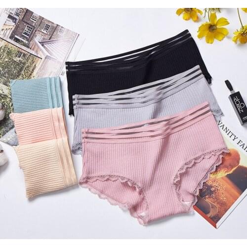 3Pcs Lace Cotton Panties Bikini Soft Comfort Lingerie Women’s Fashion Seamless Underpants Mid-Waist Briefs