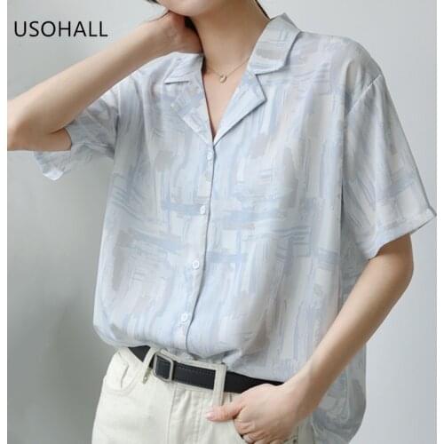 USOHALL New Women Loose Printing Dyed Blouse Tops Summer Short Sleeve Shirts