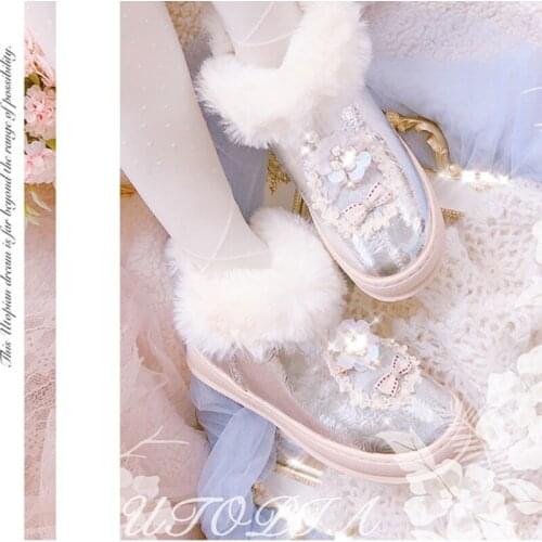 Cute round head snow boots fleece sleeve female boots girl style sweet Vintage Sweet Lolita Shoes Victoria Kawaii cos Low hell