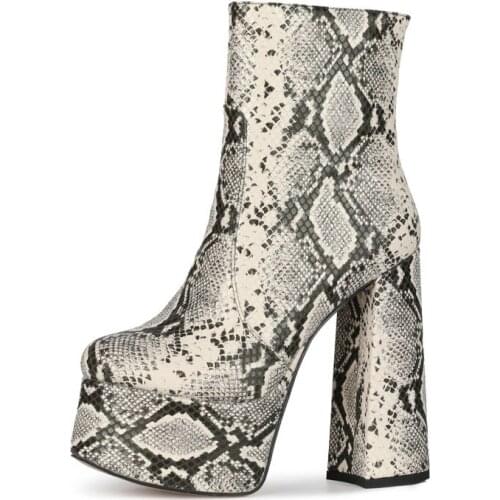 Snake Pattern Spring Autumn Ladies Mid Calf Boots Fashion Zipper Platform Winter Female Super High Heel Round Toe Womens Shoes