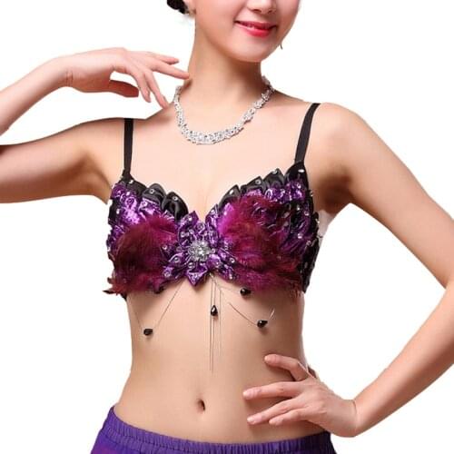 Nightclub Bras 2018 Women Belly Dance Clothes Plume Top Push Up Sequin Bra Cup B Bras Feather Belly Dance Top