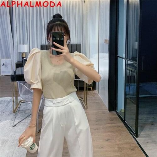 ALPHALMODA Puff Sleeve All-match Fashion Top Knitted Slim Summer Patchwork Jumper 2020 New Fashion Short-sleeved Knit T-shirt