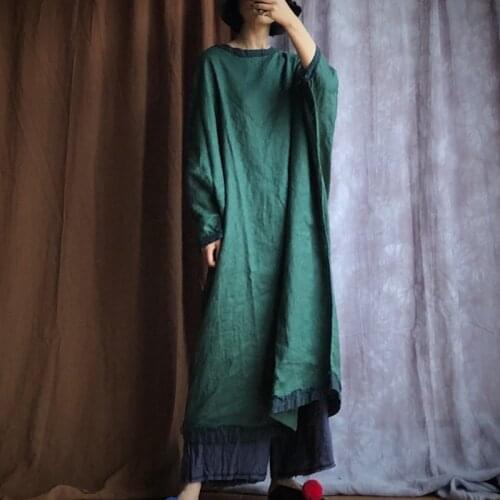 Johnature 2021 Autumn Dark Green Loose Batwing Sleeve Dress Linen Casual Vintage New Women Retro O-neck Dress