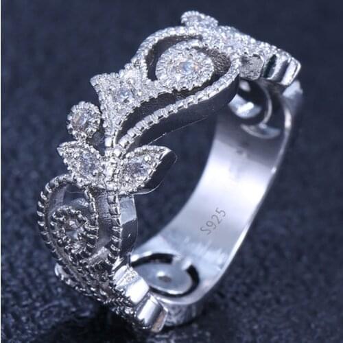 Womens 925 Silver Cutout Flower Ring Vintage Pattern Ring Jewelry Gift Wholesale