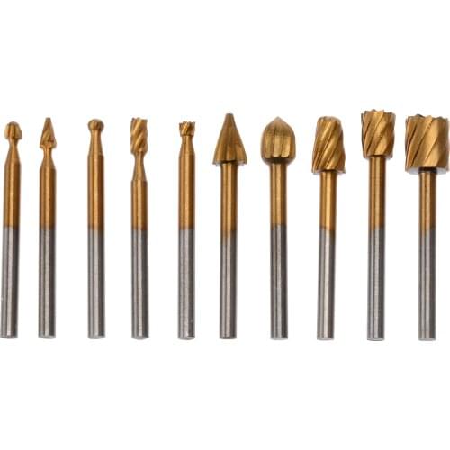 10pcs 3mm HSS Titanium Grinding Burrs Rotary Files Set End Milling Cutter Rotary Rasp For Woodworking craft Engraving Bit Tools