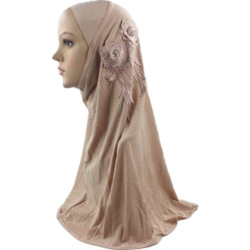 12pcs One Dozen Muslim Women Girls Hijab Amira Headscarf Ice Silk Material Beautiful Embroidery Two Flowers Diamond Wholesale