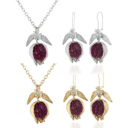 13MC Vintage Fruit Red Pomegranate Jewelry Set Gemstone Pomegranate Pendant Earrings