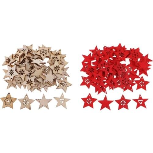 50 Pieces Star Wood Slices with Holes Natural Wooden Embellishments Snowflake