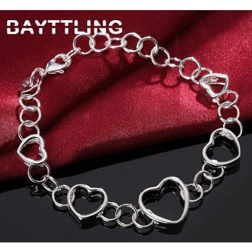 BAYTTLING 925 Sterling Silver 8 Inch 5 Hollow Heart Bracelet Bangle For Woman Man Fashion Luxury Wedding Jewelry Gift