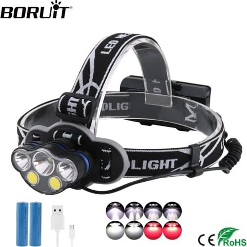 BORUiT KC05 T6 XPE COB LED Headlamp 3000LM 8-Mode Headlight USB Rechargeable 18650 Waterproof Head Torch for Hunting Camping