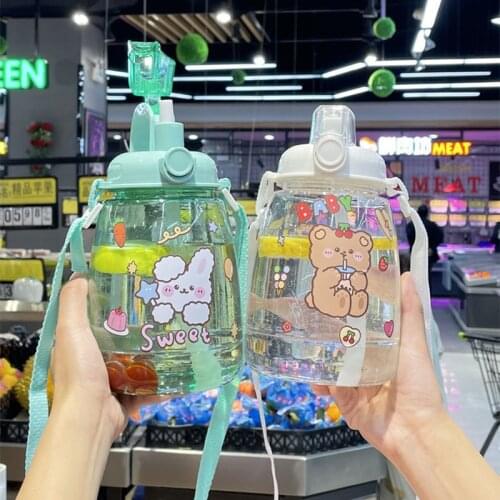 1300ml Kawaii Bear Big Capacity Water Bottle With Straw Strap Sticker Plastic Portable Sport Drink Bottles For Children Girl