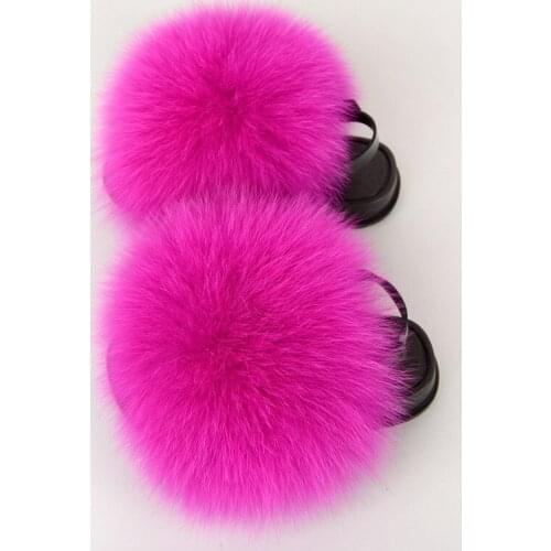 Wholesale Childrens Fox Fur Slippers Cute Rainbow Furry Slides Kids Plush Home Shoes Girls Non-slip Sandals Fluffy Flip Flops