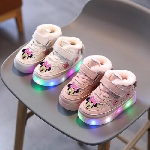Disney childrens cartoon Minnie soft-soled casual shoes girls light up sneakers baby plus velvet warm short boots cotton shoes