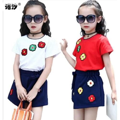 Girls tops kids sets summer Style tops+shorts children fashion soft Tee+trousers 3-11 Y children outwear baby sweat clothes sets