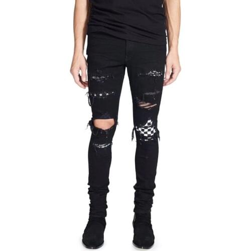 High Street Fashion Mens Jeans Black Color Destroyed Hip Hop Jeans Men Broken Punk Pants Patch Skinny Ripped Jeans For Men