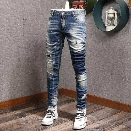 European Street Fashion Men Jeans Retro Blue Elastic Slim Ripped Jeans Men Distressed Vintage Spliced Designer Denim Punk Pants