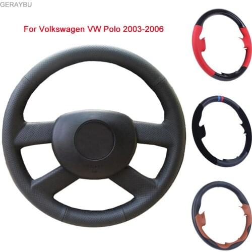 GERAYBU Custom DIY Black Leather Hand-sewn Car Steering Wheel Cover For Volkswagen VW Polo 2003-2006 Breathable Wear-resistant