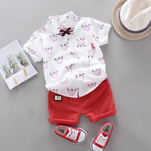 New Boys Fashion Clothing Sets Summer Gentleman Suits Kids Girls Full Print Crown Tie Shirt+shorts 2pcs Infant Clothing Sets