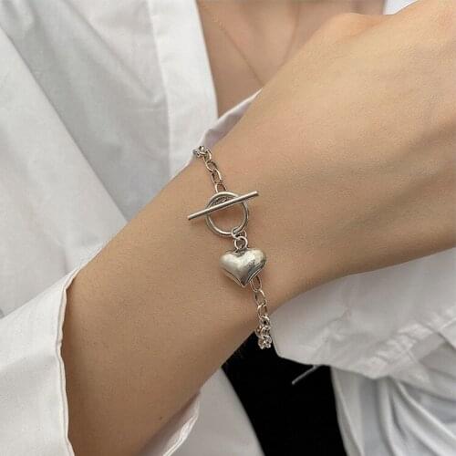 Korean Fashion Plated Silver Simple Love Heart Charm Pendant Bracelet OT Clasp Chain Bracelet Elegant Women Party Jewelry Gift