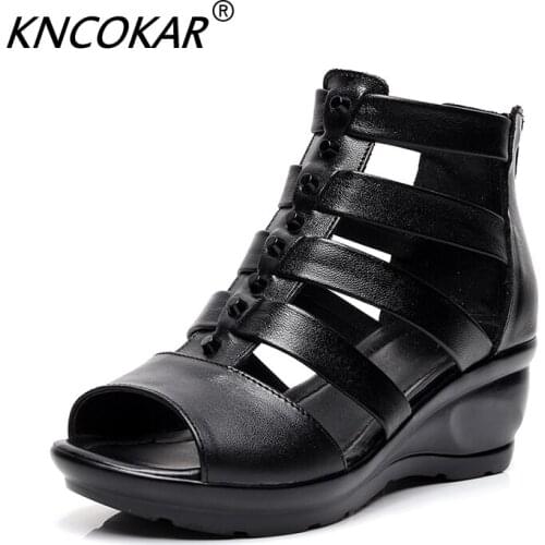 KNCOKAR 2019 Summer New Leather Womens Sandals Wedge With Roman Fish Mouth Hollow Comfortable Womens Sandals x202032