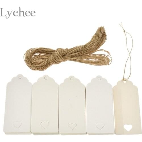Lychee Life 100pcs Kraft Blank Paper Tag Hollow Out Heart Shape Hang Tag For Garment Blank Card Tag With Strings Wedding Favors