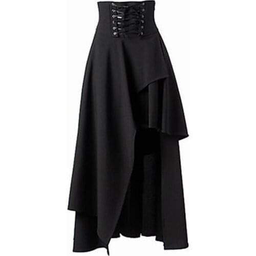 Women Gothic Style Punk Party Skirts Lace Up Waist Ruffles Skirts Swing Irregular Party Long Asymmetrical Skirt
