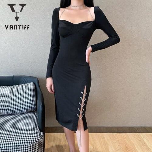 Fashion Streetwear Long-sleeved Dress Women Bodycon Female Skirts Sexy Square Collar Stitched Knitted Chain Open Fork for Girl