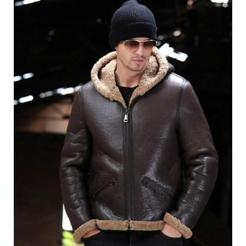 SANI Men Winter Real Fur Coat Natural Thicken Hooded Sheepskin Fur Clothing Brown Short Genuine Leather Jackets