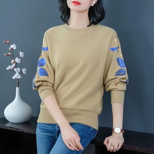 New Arrival Womens Cashmere Sequins Sweater Autumn Batwing Sleeve Ladies Loose Sweater Pullover Sweater With Sequins