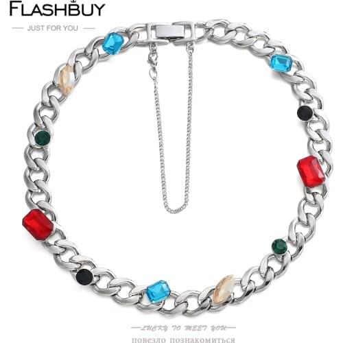 Punk Colorful Crystal Rhinestone Choker Necklaces for Women Men Silver Color Metal Thick Cuban Chain Necklace New Trend Jewelry