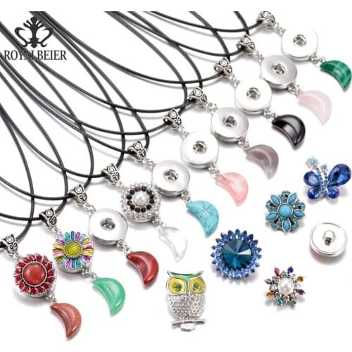 RoyalBeier 12Color 18mm Snap Button DIY Jewelry Fit Natural Crystal Stone Moon Pendant Necklace For Women Mens Gift