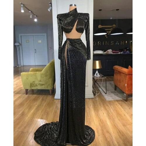 Sexy Black Sequined Mermaid Prom Dresses High Neck Long Sleeve Side Split Plus Size Formal Evening Occasion Gowns 2021