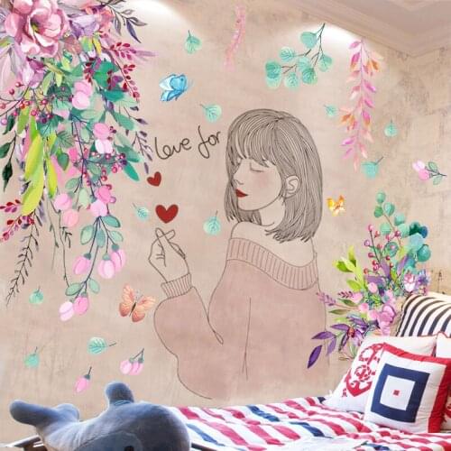 [SHIJUEHEZI] Flower Leaves Wall Sticker DIY Cartoon Girl Wall Decals for Baby Room Kids Bedroom Children Nursery Home Decoration