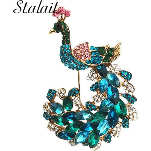 Retro Dance Peacock Brooches Water Drop Crystal Green Animal Brooch Scarf Accessories Fashion Broach Luxury Gifts For Women