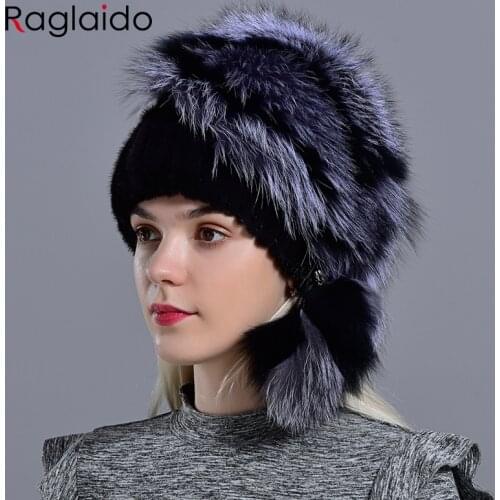 Womens winter fur hat natural fur knitted mink fox pompom fur hats with balls stylish warm fashion girls beanies