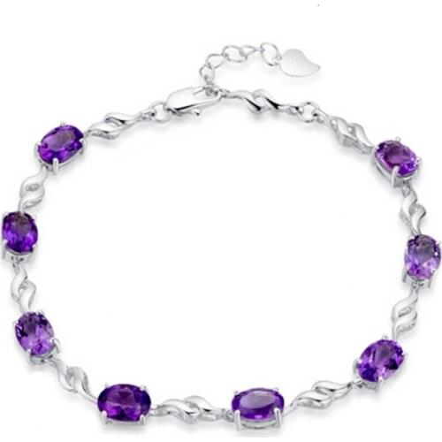 FYJS Unique Silver Plated Chain Connect Stackable Small Oval Amethysts Crystal Bracelet for Elegant Women Jewelry