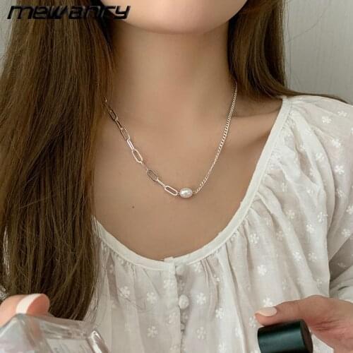 Mewanry 925 Sterling Silver Asymmetric Chain Pearl Necklace for Women New Trend Simple Clavicle Chain Party Jewelry Gifts