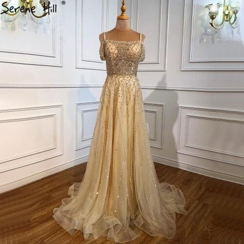 Serene Hill Gold Spaghetti Strap Sexy Long Prom Dresses 2020 Beading Short Sleeves Luxury For Women Party Gowns BLA70783