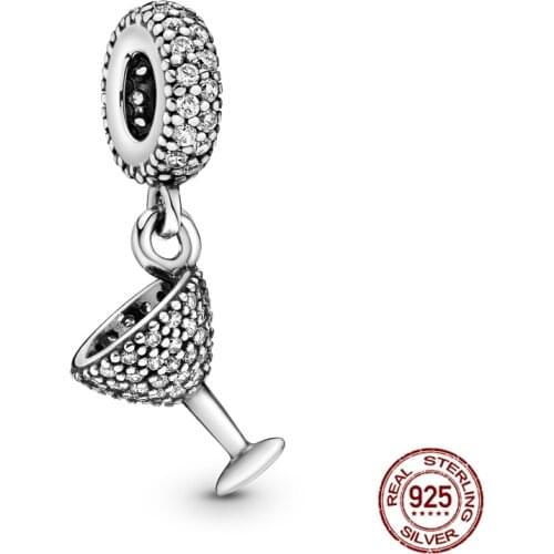 100% Real 925 Sterling Silver Cocktail Glass Pendant Fit Original 3mm Bracelet&Bangle Making Fashion DIY Jewelry For Women