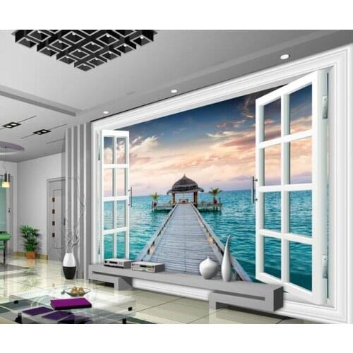 3D Photo Murals Wallpaper textured wallpaper chinese classical wall paper wall paper rolls Window Sea Landscape Mural